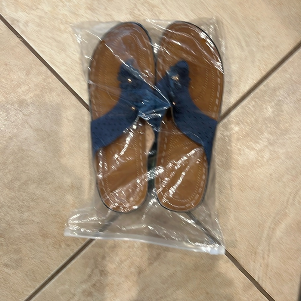 Manmade upper, dark blue, plastic bottoms.
